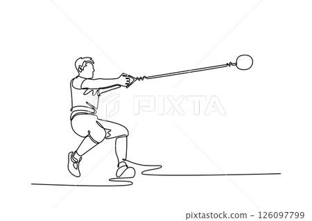 Continuous one line drawing male athlete competing in the hammer throw event. Professional sportsman training in action, motion. Healthy lifestyle. Single line draw design vector graphic illustration Continuous one line drawing male athlete competing in the hammer throw event. Professional sportsman training in action, motion. Healthy lifestyle. Single line draw design vector graphic illustration 126097799