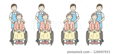 男性護理人員協助坐輪椅的女性老人的插圖集 126097931