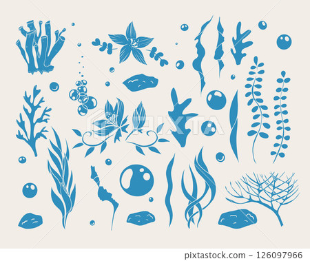 Hand drawn seaweed and coral collection in blue. Doodle plants, flowers, bubbles, stones. Vector illustration, big set. 126097966