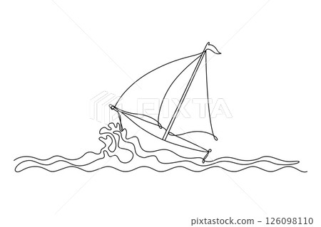Sailboat, one line drawing in minimalism. Yachting, sailing concept. Editable vector outline 126098110