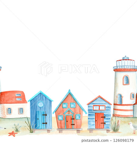 Coastal cabins on stilts lighthouse seamless border isolated on white. Hand painted simple watercolor illustration perfect for fabric, decor, children room design. Cute decorative huts. Blue red house Coastal cabins on stilts lighthouse seamless border isolated on white. Hand painted simple watercolor illustration perfect for fabric, decor, children room design. Cute decorative huts. Blue red house 126098179
