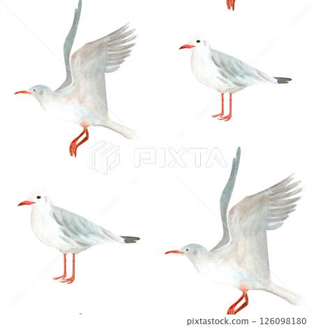 Flying and standing seagulls watercolor seamless pattern isolated on white. Hand-drawn clip art for cards, stationary, scrapbooking, wrapping paper, sea tourism products, dishes, fabric decor design Flying and standing seagulls watercolor seamless pattern isolated on white. Hand-drawn clip art for cards, stationary, scrapbooking, wrapping paper, sea tourism products, dishes, fabric decor design 126098180
