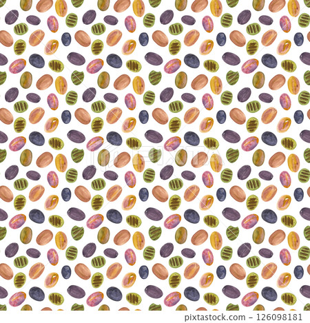 Colorful olives watercolor seamless pattern isolated on white. High quality illustration. Hand painted design elements great for packages, web page background, wrapping paper, fabric, kitchen decor 126098181