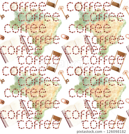 A map of Brazil with a word coffee written across, an open journal, hourglass, key vertical watercolor pattern isolated on white background. Hand drawn art great for packages, menu, ads, wall decor 126098182
