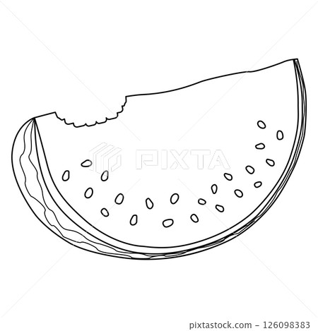 Coloring with outline drawing cut off watermelon slice with bitten off piece. Summer juicy berry with seeds and teeth trace from a bite. For entertaining, summertime, dessert black and white design. Coloring with outline drawing cut off watermelon slice with bitten off piece. Summer juicy berry with seeds and teeth trace from a bite. For entertaining, summertime, dessert black and white design. 126098383