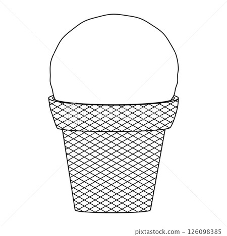 Coloring page with summer outline vector drawing refreshing appetizing vanilla ice cream in waffle cup. Ideal for entertaining kids, summertime, dessert, food black and white design, DIY craft. Coloring page with summer outline vector drawing refreshing appetizing vanilla ice cream in waffle cup. Ideal for entertaining kids, summertime, dessert, food black and white design, DIY craft. 126098385