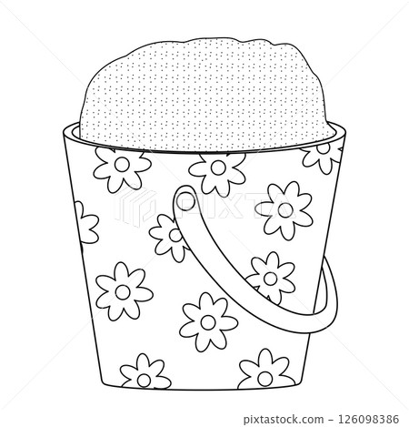 Coloring page with summer outline drawing of child sand bucket decorated with daisies flowers. Children game. For entertaining kids, summertime, beach, and outdoor activity black and white design. Coloring page with summer outline drawing of child sand bucket decorated with daisies flowers. Children game. For entertaining kids, summertime, beach, and outdoor activity black and white design. 126098386