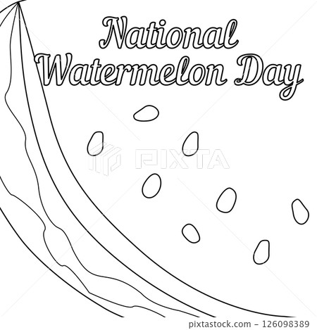 Coloring page with summer outline drawing a huge juicy piece of watermelon with seeds. National Watermelon Day. For entertaining kids, summertime dessert, celebration black and white design banner. Coloring page with summer outline drawing a huge juicy piece of watermelon with seeds. National Watermelon Day. For entertaining kids, summertime dessert, celebration black and white design banner. 126098389