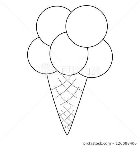 Coloring page with summer outline simple vector drawing refreshing ice cream in the form of several balls in a waffle cone. For entertaining kids, summertime, dessert black and white design, DIY craft 126098406