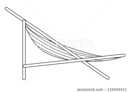 Coloring page with summer outline drawing with a striped chaise lounge, or beach hammock, or beach chair. Ideal for entertaining kids, DIY craft, summertime, beach, and outdoor black and white design. 126098421
