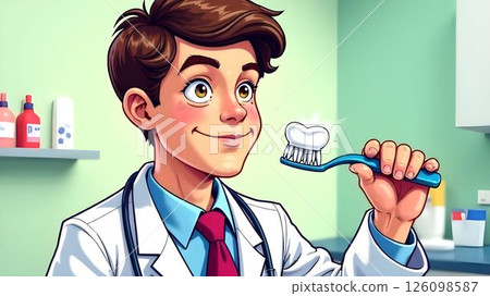 Doctor in the room holding toothbrush with toothpaste in his hand 126098587