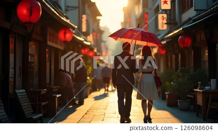 Walk of the silhouette of a couple with an umbrella along the street of Japan  126098604