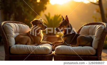 Two dogs in the rays of the sun relaxing on sofas outside 126098607