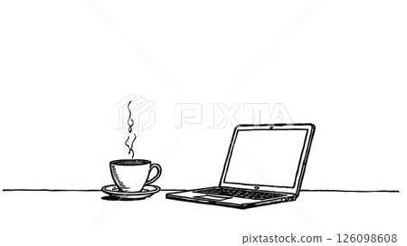 a computer and a cup of coffee. depicted in lines, in black and white, minimalism 126098608