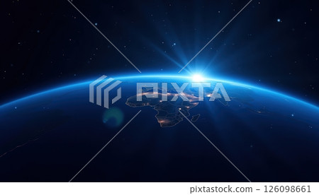 View of Earth illuminated by sunlight from space showcasing continents and oceans against a starry background 126098661