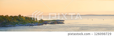 Sky, ocean landscape and rocks with horizon for travel location, natural environment and holiday destination. Banner, sea background and nature scenery with trees, mountain view and outdoor landmark Sky, ocean landscape and rocks with horizon for travel location, natural environment and holiday destination. Banner, sea background and nature scenery with trees, mountain view and outdoor landmark 126098729