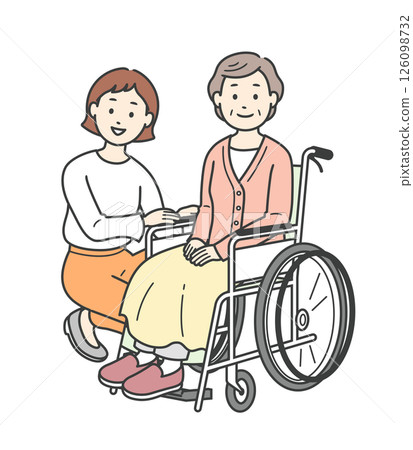 Illustration of an elderly woman in a wheelchair and a young woman assisting her 126098732