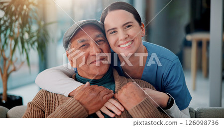 Happy people, portrait and nurse with elderly patient or hug for healthcare or assisted living at home. Senior, volunteer or caregiver with smile or embrace for support, trust or medicare at house Happy people, portrait and nurse with elderly patient or hug for healthcare or assisted living at home. Senior, volunteer or caregiver with smile or embrace for support, trust or medicare at house 126098736