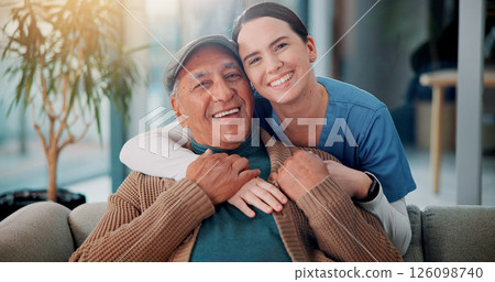 Portrait, nurse and hug old man in home for support, community care and geriatric wellness. Senior patient, happy caregiver and embrace for medical healthcare, assisted living and retirement together 126098740