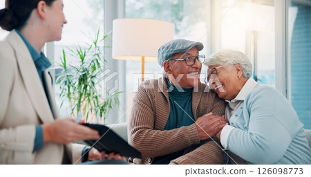 Tablet, lawyer and senior couple in office, pension fund and retirement with savings, smile and congrats. Attorney, old man and happy elderly woman with embrace, tech and digital app with investments Tablet, lawyer and senior couple in office, pension fund and retirement with savings, smile and congrats. Attorney, old man and happy elderly woman with embrace, tech and digital app with investments 126098773
