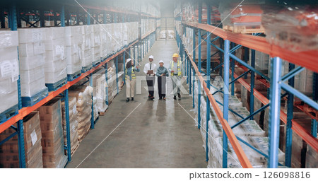 Distribution warehouse, people and management team for logistics, inventory or inspection by shelves. Above industrial men, women and walking for supply chain with safety, depot or wholesale storage 126098816