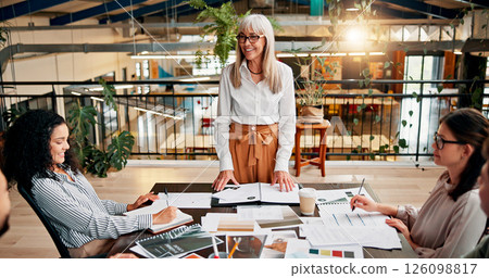 Presentation, feedback and business people in office with documents for planning creative project. Manager, meeting and team of magazine editors in discussion with paperwork review for publishing. Presentation, feedback and business people in office with documents for planning creative project. Manager, meeting and team of magazine editors in discussion with paperwork review for publishing. 126098817