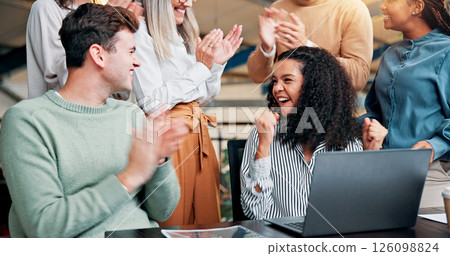 Fist pump, success and business woman with team for winning, bonus or creative proposal approval. Excited, people and laptop with applause, cheers and celebration for collaboration funding at startup 126098824