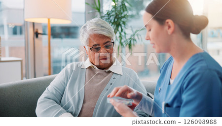 Home, old woman and nurse with pills, help and conversation with advice, medical talk and container. Apartment, caregiver and professional with elderly patient, tablets and retirement with health Home, old woman and nurse with pills, help and conversation with advice, medical talk and container. Apartment, caregiver and professional with elderly patient, tablets and retirement with health 126098988