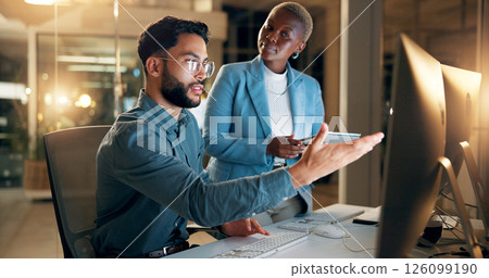 Computer, night and question with business people in office together for development or planning. Late, feedback or review with employee man and woman in workplace for project management on tablet 126099190