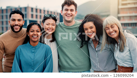 Hug, portrait and smile of business people in city together for collaboration, unity or solidarity. Creative, friends and rooftop with employee group embracing outdoor in urban town for design career 126099204