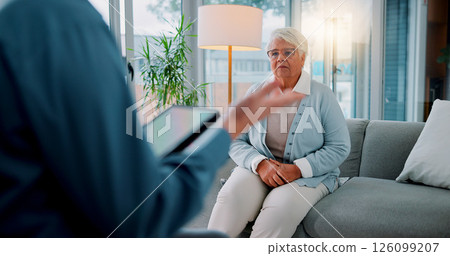 Tablet, meeting and financial advisor with old woman in office for retirement fund, debt counseling and bankruptcy. Investment loss, planning and broker with senior person for account savings 126099207