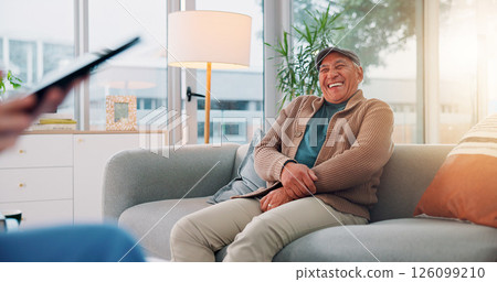 Tablet, funny and smile with nurse and old man on sofa for counseling, psychologist and laughing therapy. Support, healthcare and joke with senior person in office for advice, happy and consulting Tablet, funny and smile with nurse and old man on sofa for counseling, psychologist and laughing therapy. Support, healthcare and joke with senior person in office for advice, happy and consulting 126099210