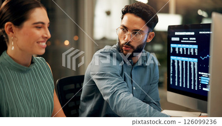Computer screen, investment and night with business people in office together for stock market trading. Conversation, feedback or review with man and woman in workplace for portfolio management 126099236