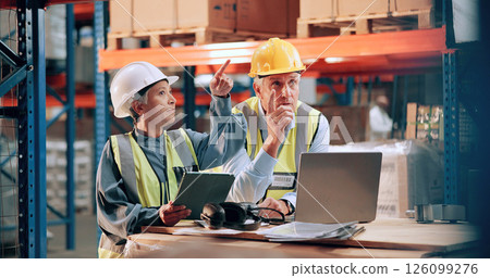 Distribution, people and pointing in warehouse, laptop and inventory management with quality control. Employees, supply chain and meeting with stock, industry or tablet with conversation and teamwork 126099276