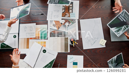 Interior design, creative and above of business people in meeting for project ideas, research and discussion. Table, office and workers with portfolio for teamwork, collaboration and color pallete 126099281