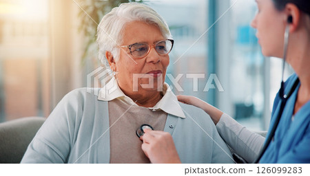Checkup, healthcare and stethoscope of nurse with old woman on sofa in living room of home. Breathing, cardiology and medical appointment with caregiver and senior patient in apartment for retirement Checkup, healthcare and stethoscope of nurse with old woman on sofa in living room of home. Breathing, cardiology and medical appointment with caregiver and senior patient in apartment for retirement 126099283