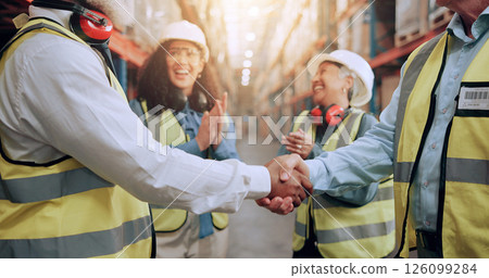 Warehouse, clapping and people with handshake for shipping deal, agreement and celebration. Logistics team, collaboration and workers shaking hands for supply chain, distribution and happy for stock Warehouse, clapping and people with handshake for shipping deal, agreement and celebration. Logistics team, collaboration and workers shaking hands for supply chain, distribution and happy for stock 126099284