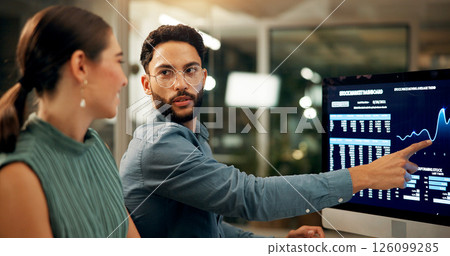 Team, business people and computer screen for stock market chart, investment data or growth in office at night. Tech, collaboration and financial broker with profit, IPO or trading stats on dashboard Team, business people and computer screen for stock market chart, investment data or growth in office at night. Tech, collaboration and financial broker with profit, IPO or trading stats on dashboard 126099285
