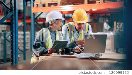 Supply chain, people and planning in warehouse, laptop or online schedule for distribution. Employees, cooperation or meeting with safety, stock or tablet for email, inventory management or checklist Supply chain, people and planning in warehouse, laptop or online schedule for distribution. Employees, cooperation or meeting with safety, stock or tablet for email, inventory management or checklist 126099323