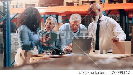 Distribution, people and conversation in warehouse, laptop or online schedule for shipping. Employees, quality control or meeting with inspection, export or tablet for email, cooperation or checklist 126099347