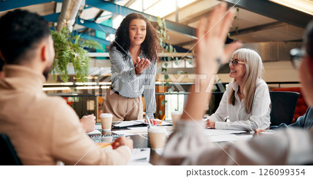 Presentation, questions and woman with smile, ideas and planning for project, media or creative company. Business, reporter and brainstorming for article in boardroom, people and journalism. 126099354