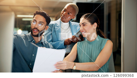 Business people, night or computer with documents for financial planning, project deadline or budget. Group, team or employees working late together with paperwork on pc for company expenses or bills 126099368