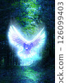 Bird: Blue feathers shining in the dark and a fantastic green forest Ai 126099403