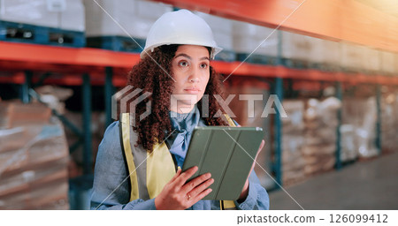 Warehouse, tablet and woman in logistics inventory checking boxes, shelf and stock management in distribution. Search, digital app and plant worker in cargo storage, global export and supply chain Warehouse, tablet and woman in logistics inventory checking boxes, shelf and stock management in distribution. Search, digital app and plant worker in cargo storage, global export and supply chain 126099412