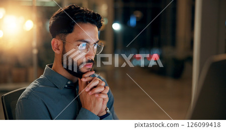 Night, business and man in office, thinking and online reading with research for article. Person, evening and journalist in workplace, computer and email for proposal, decision and problem solving Night, business and man in office, thinking and online reading with research for article. Person, evening and journalist in workplace, computer and email for proposal, decision and problem solving 126099418