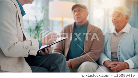 Therapy, psychologist and writing with old couple on sofa for support, marriage counseling and advice. Retirement, trust and discussion with senior man and woman in office for assessment and help Therapy, psychologist and writing with old couple on sofa for support, marriage counseling and advice. Retirement, trust and discussion with senior man and woman in office for assessment and help 126099419