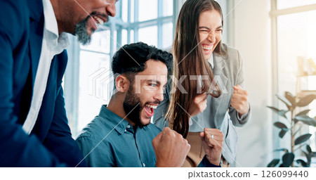 Business people, celebration and success in office, support and email with positive feedback. B2b deal, employee and consulting agency with happiness, winning or achievement with smile or promotion 126099440