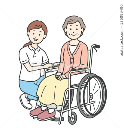 Illustration of an elderly woman in a wheelchair and a female caregiver assisting her 126099490