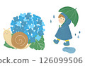 A hand-drawn illustration in colored pencil style of a boy holding an umbrella, hydrangeas, and snails on a rainy day in June during the rainy season 126099506