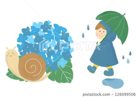 A hand-drawn illustration in colored pencil style of a boy holding an umbrella, hydrangeas, and snails on a rainy day in June during the rainy season A hand-drawn illustration in colored pencil style of a boy holding an umbrella, hydrangeas, and snails on a rainy day in June during the rainy season 126099506